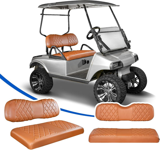 NOKINS 4PCS Golf Cart Diamond Seat Covers Kit, Front and Rear Seat Covers Fits Club Car DS 2000.5-Up Standard Seat Cushion, Club Car DS Vinyl Seat Covers Accessories (All Brown)