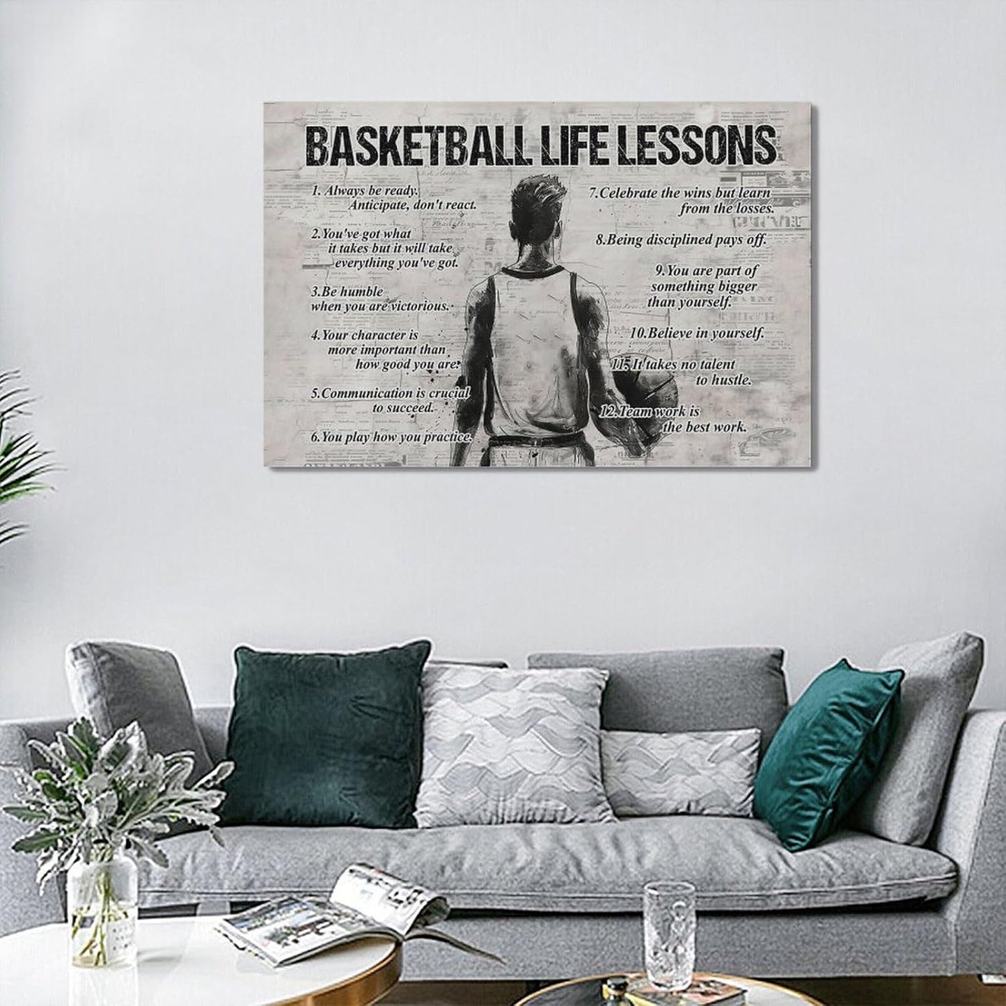 Basketball Sports Wall Art Basketball Life Lessons Wall Decor Basketball Sign Retro Poster Boy Men Room Motivational Decorations Canvas Print Painting Artwork for Bedroom Bathroom Living Room 24"x16"