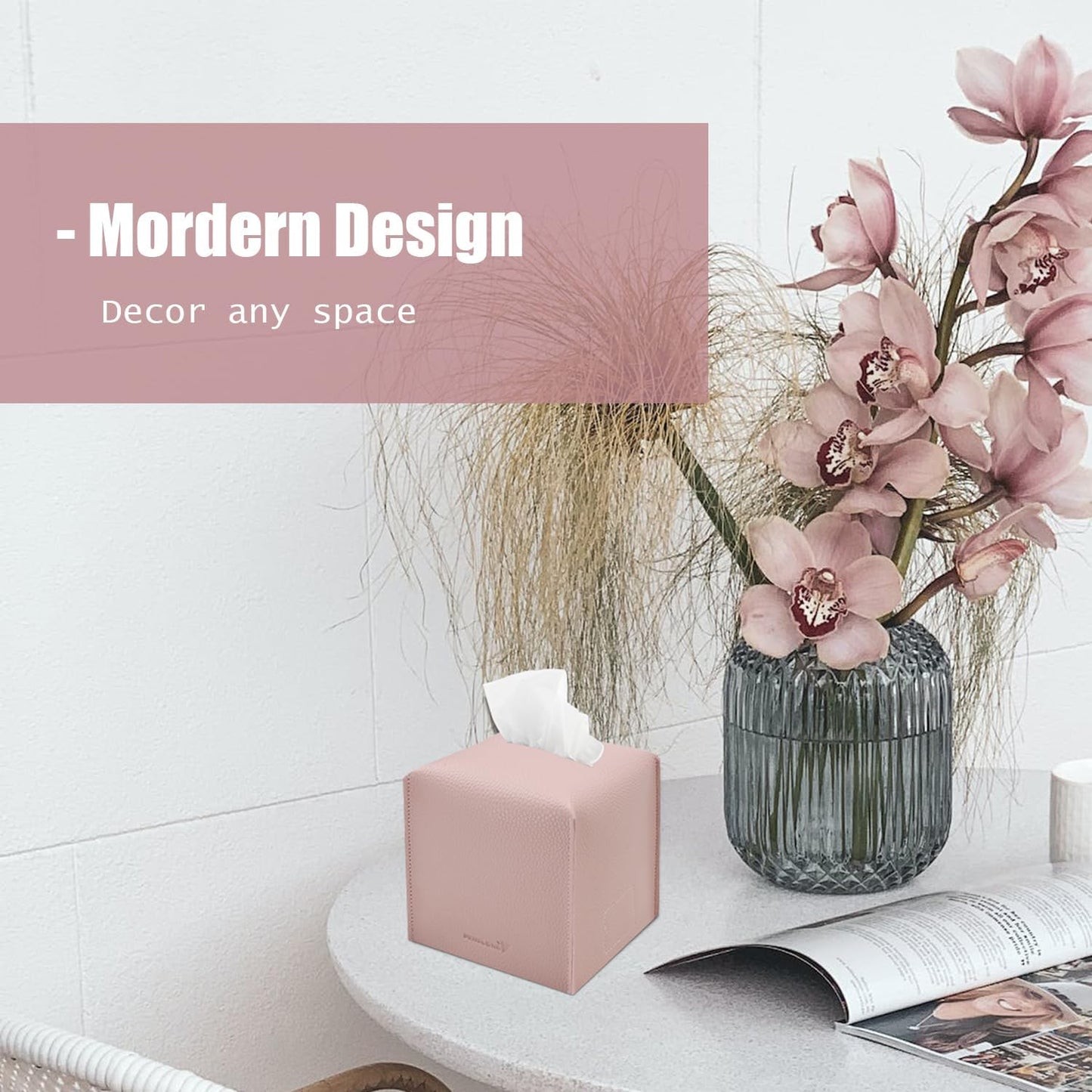 Tissue Box Cover 5X5X5'' PU Leather Tissue Holder Square Tissue Cube Box Organizer for Bathroom Vanity Countertop, Car, Night Stands, Office, Home, Kitchen (2Pack, Pretty Pink)