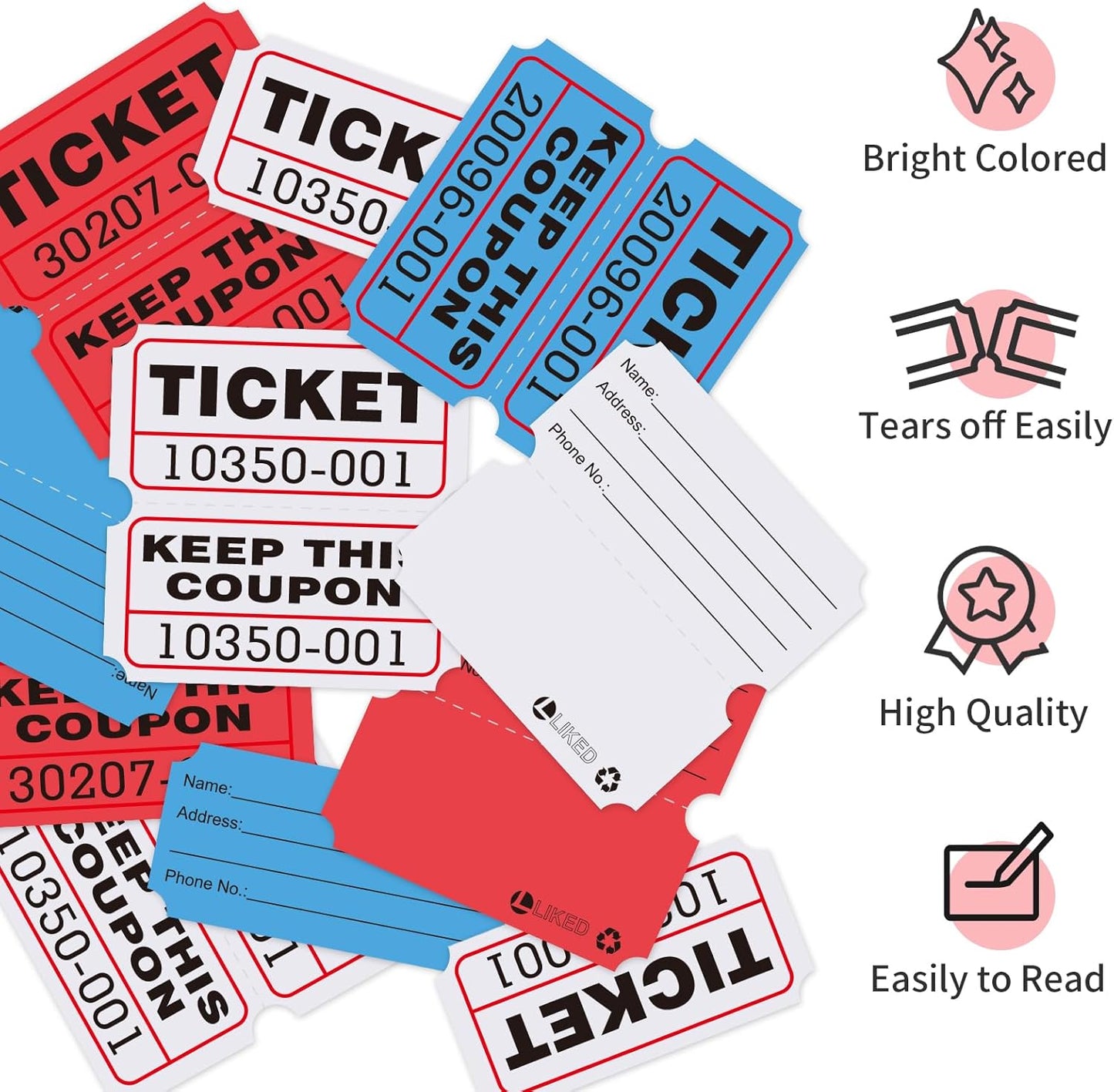 L LIKED Raffle Tickets Double Roll,Consecutively Numbered,50/50 Raffle Tickets for Event,Party,Prize,Drawing(3000 PCS Assorted)