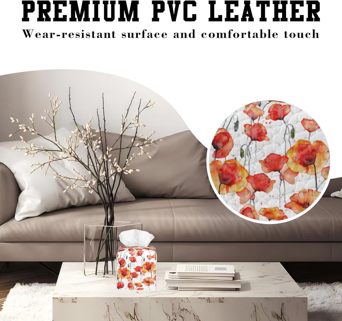 Watercolor Red Flowers Tissue Box Cover Square, Tissue Box Holder Leather Facial Paper Case Decorative Organizer Holder Dispenser Home Office Car Decor