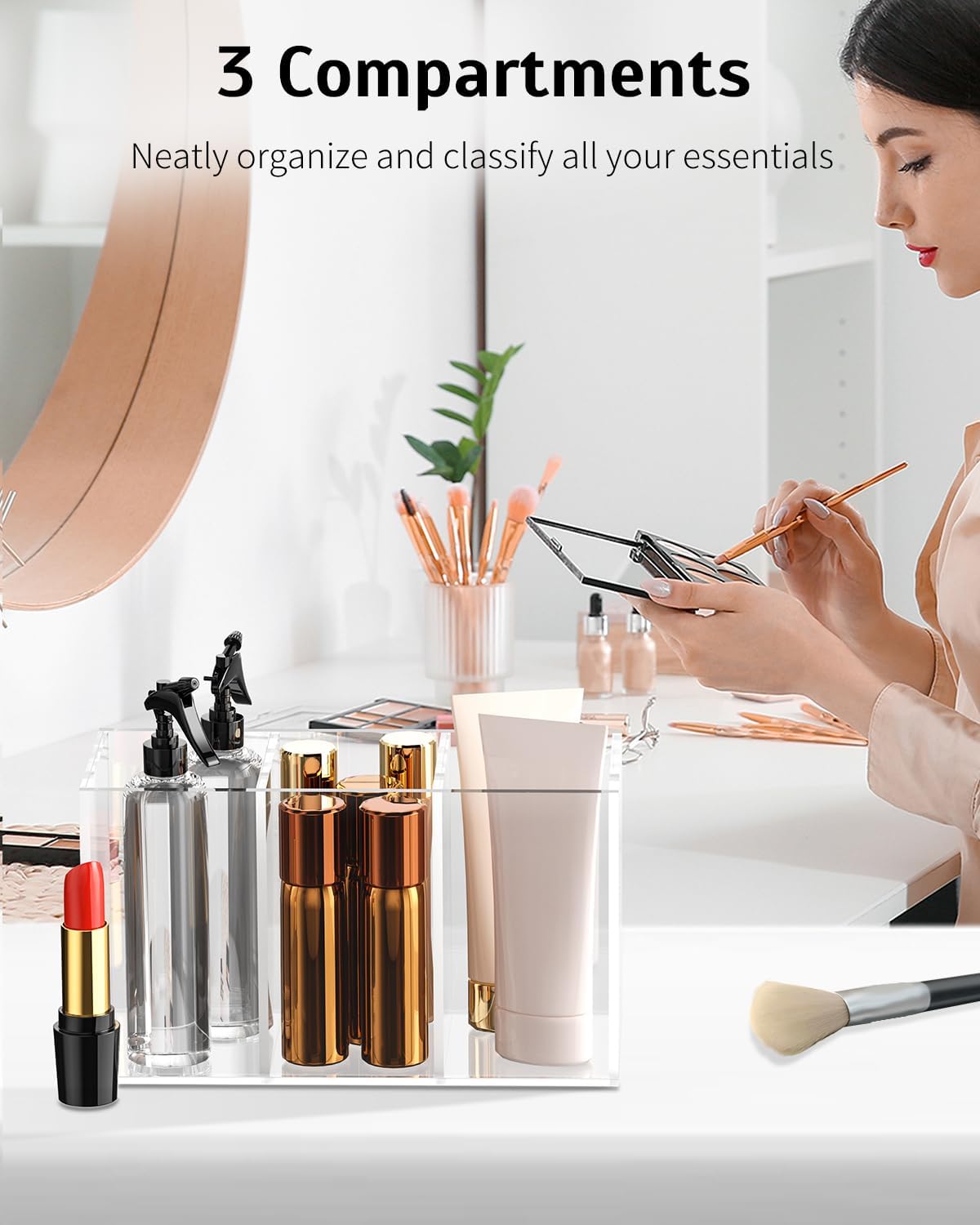 Uniclife Clear Acrylic Pen Holder for Desk, Plastic Pencil Holder Pen Organizer with 3 Compartments, Desktop Stationery Organizer for Office Home School, Vertical Makeup Brush Holder, 6.8" x 3" x 4"