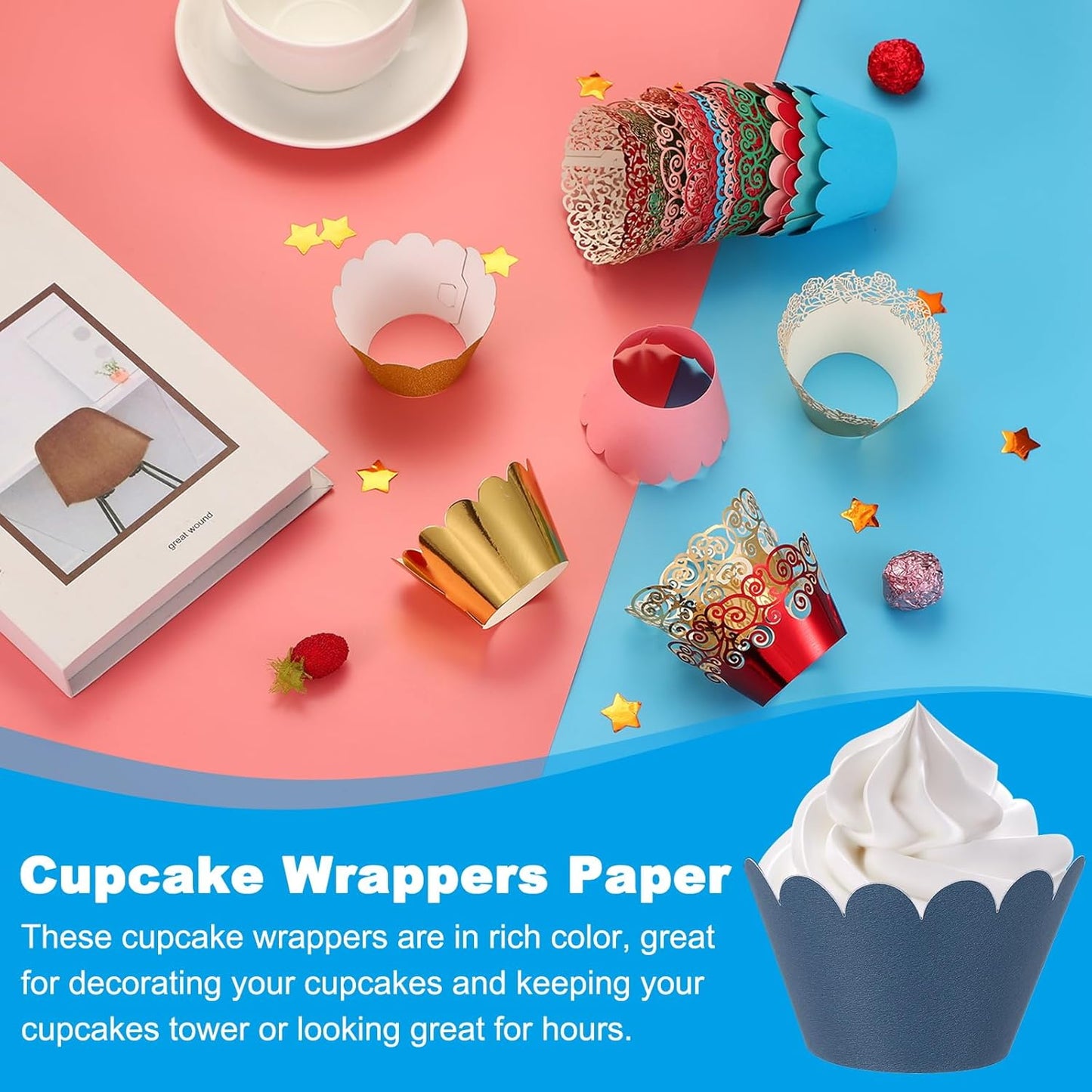 PATIKIL Cupcake Wrappers Paper, 50 Pack Baking Cups Standard Wave Decoration for Anniversary Birthday Weddings and Parties, Black Blue