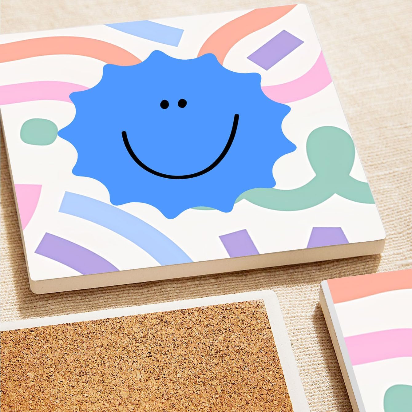 MAYCARI Cartoon Funny Grimace Face Coasters Set of 6 Cork Backed Cute Coasters with Metal Holder Original Ceramic Surface Drink Cup Mats for Tabletop Protection Modern Desk Decoration Birthday Gifts