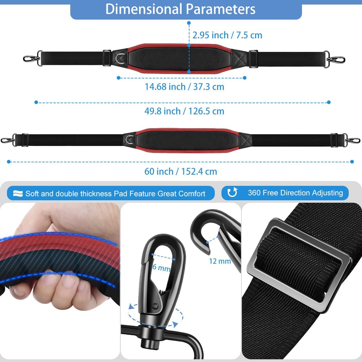 ZINZ Fixed Pad Bag Strap 60 inch Belt with Cushion Breathable Pad,Durable Strap with Double Adjustable Buckle and Metal Hooks