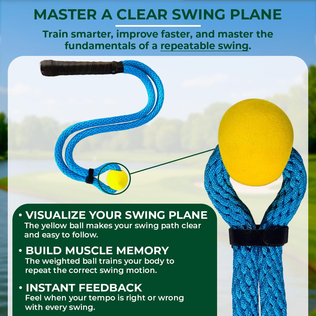 Golf Rope Swing Trainer – Weighted Rope with Yellow Ball, Improve Swing Speed, Tempo, Rhythm & Strength – Indoor/Outdoor Training Aid with Manual, Bag – for Men & Women