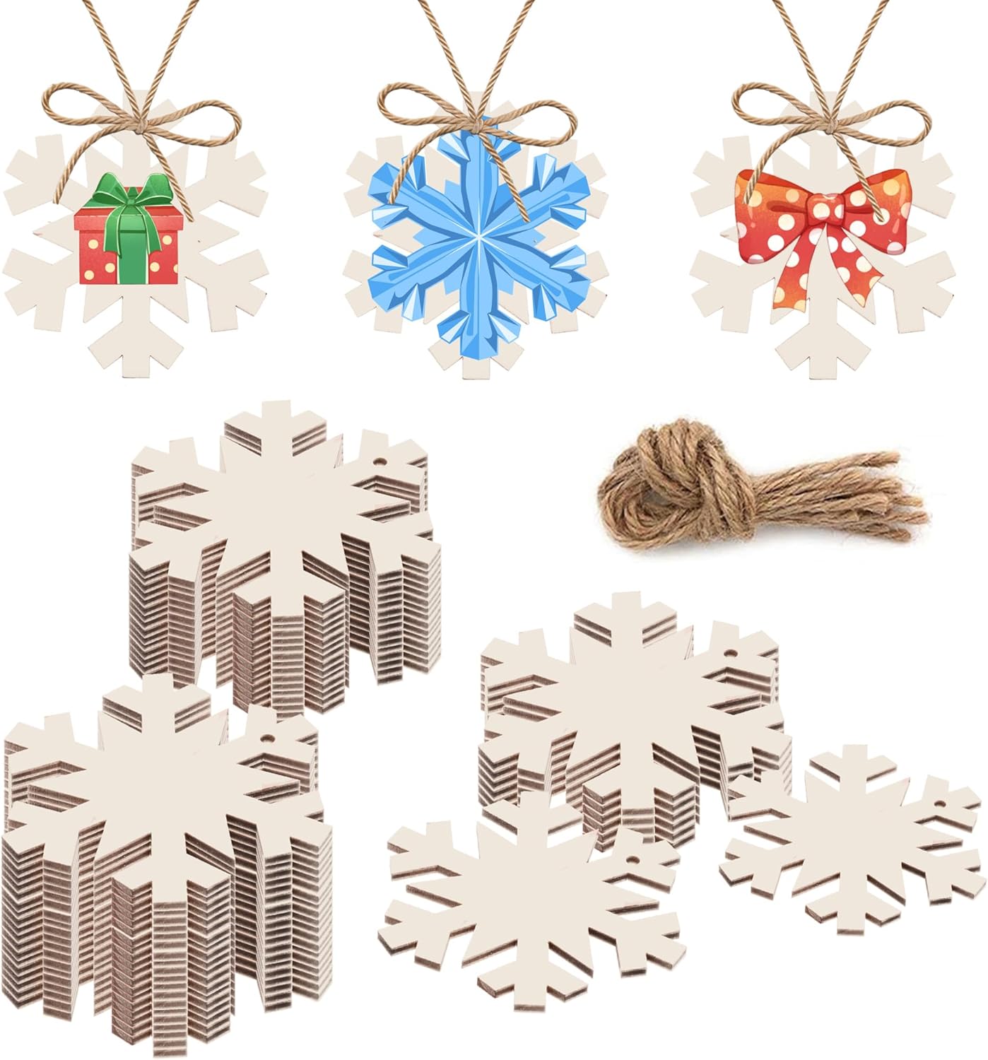 50PCS Unfinished Wood kit with Holes, Wood Slice for DIY Crafts, Blank Snow Wood Cutouts Wooden Tags Ornaments for Sign Gift Tags, Christmas Decorations Indoor Outdoor Decor (Snowflake Shape)