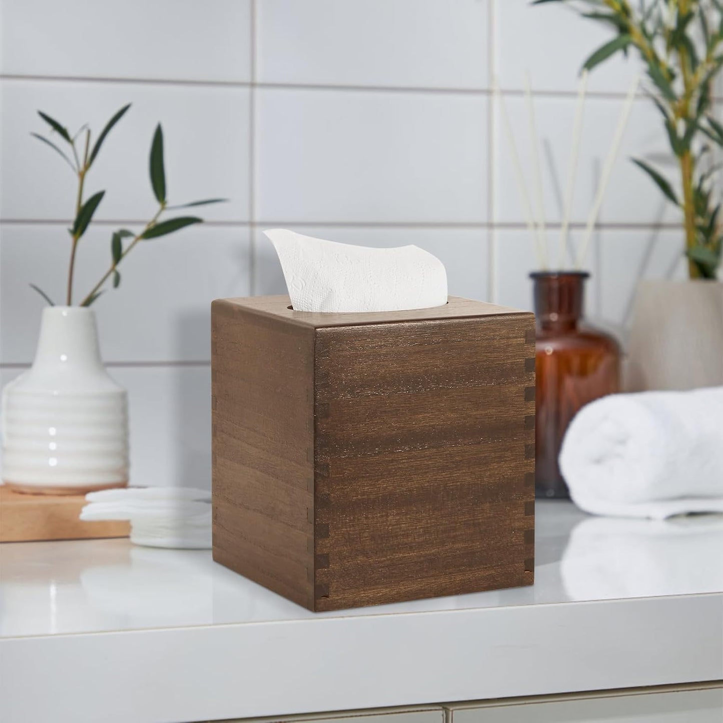 Paulownia Wood Tissue Box Cover with Slide-Out Bottom - Square Cover for Bathroom, Bedroom, Dinner Table