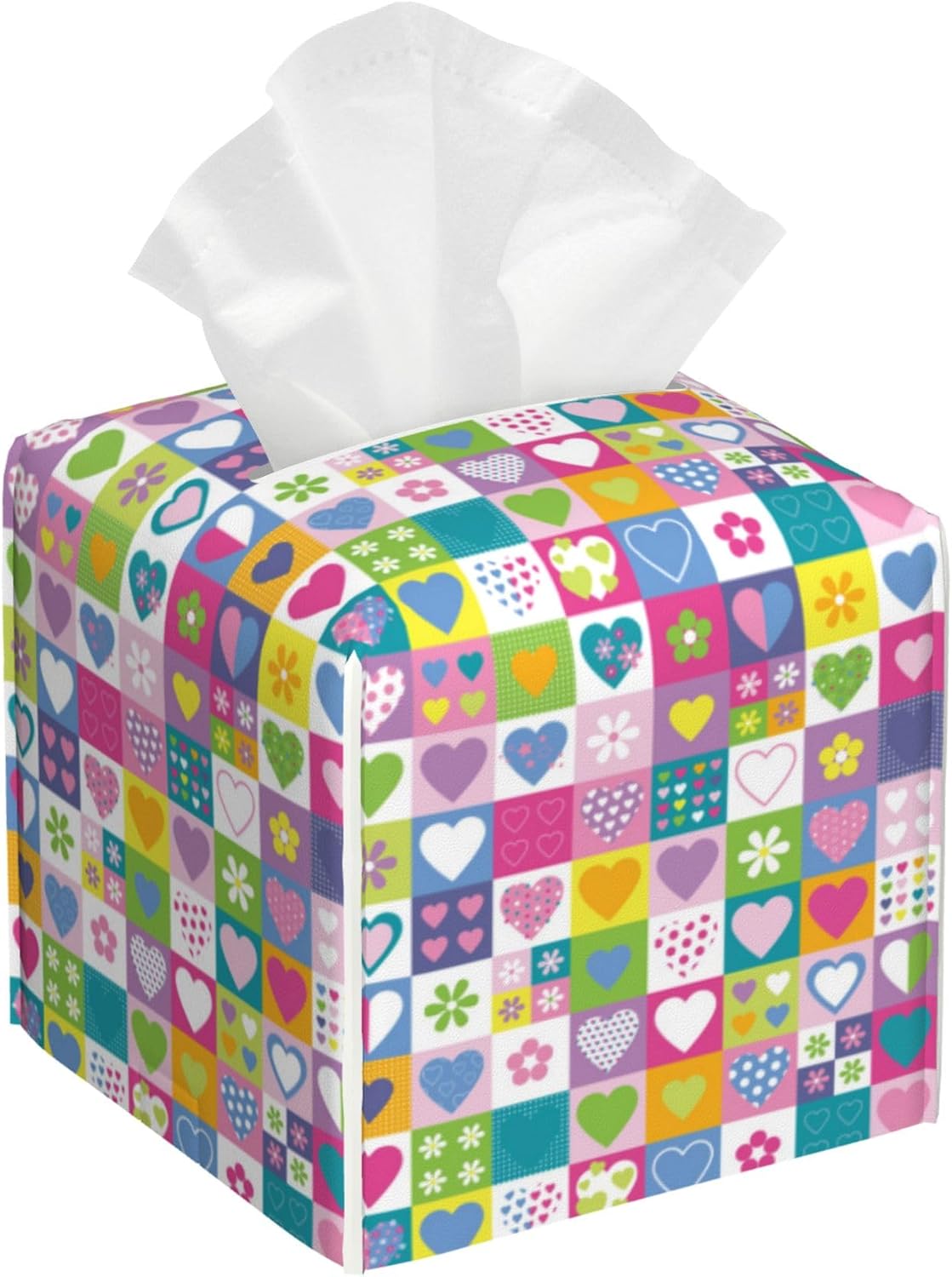 Checkered Hearts and Flowers Tissue Box Cover Square, Tissue Box Holder Leather Facial Paper Case Decorative Organizer Holder Dispenser Home Office Car Decor