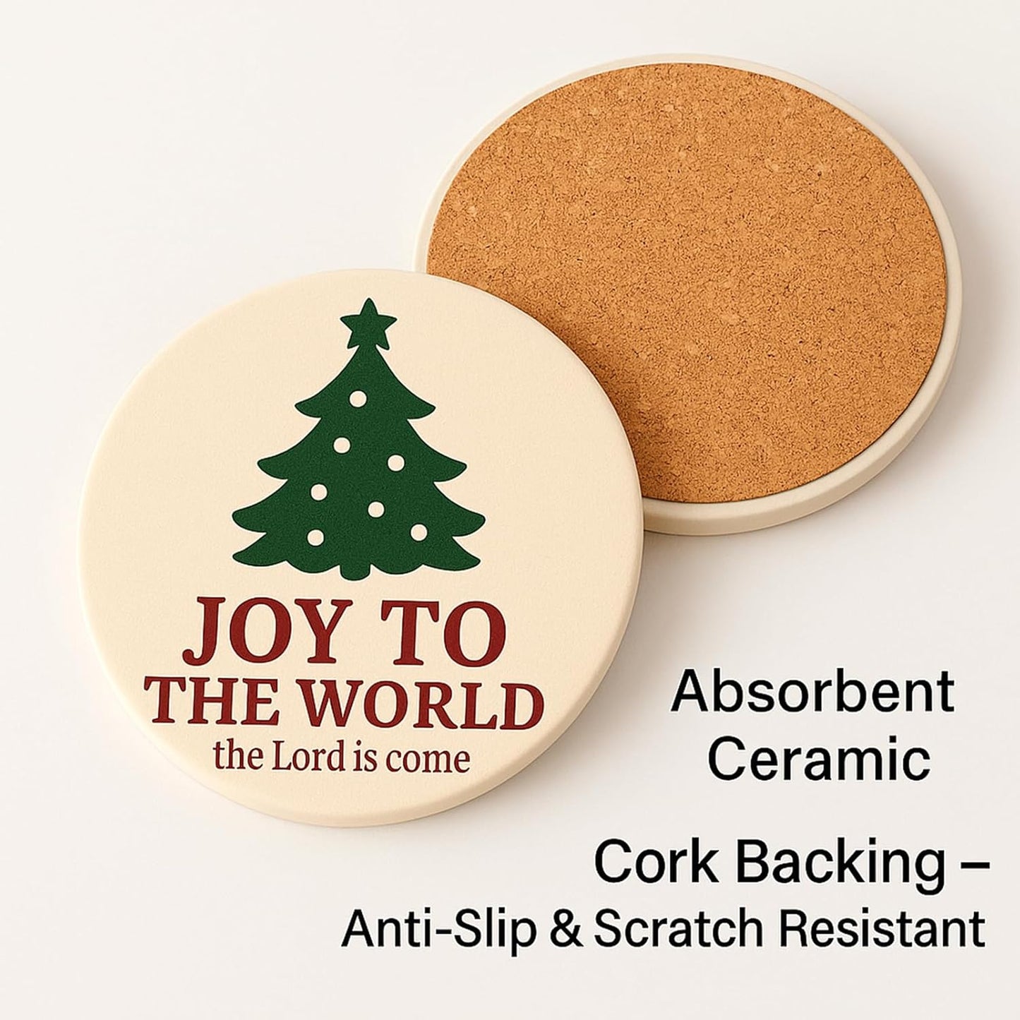 Joy to The World Christmas Coasters Set of 4, Christian Religious Ceramic Drink Coasters with Absorbent Stone & Cork Backing – Holiday Xmas Table Decor, Faith Gifts for Coffee Tea Wine, Housewarming