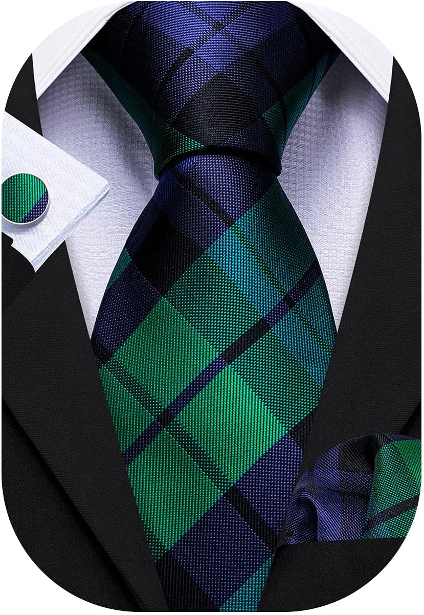 Barry.Wang Designer Classic Ties for Men Set Formal Pocket Square Cufflink Check Plaid