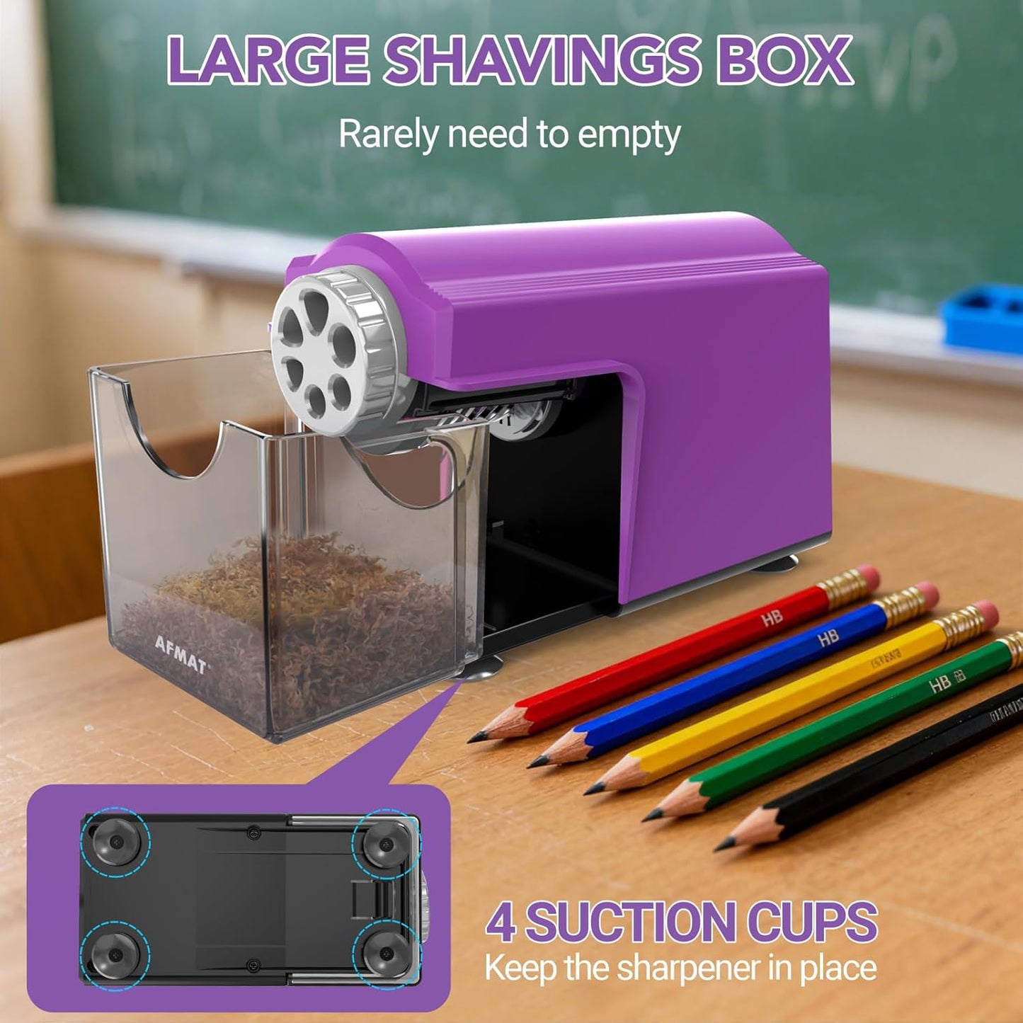 AFMAT PSD4 Electric Pencil Sharpener Heavy Duty, 6 Holes, Cordless & Rechargeable, Super Fast, Auto Stop, 10K+ Uses, Classroom Pencil Sharpener for 6-11mm No.2/Large/Colored Pencils, Purple