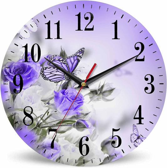 Mxocom Butterfly Floral Wall Clock Bouquet of White and Purple Roses 10 Inch Silent Non Ticking Battery Operated Clock Vintage Round Clock for Living Room Bedroom Bathroom Office Decor