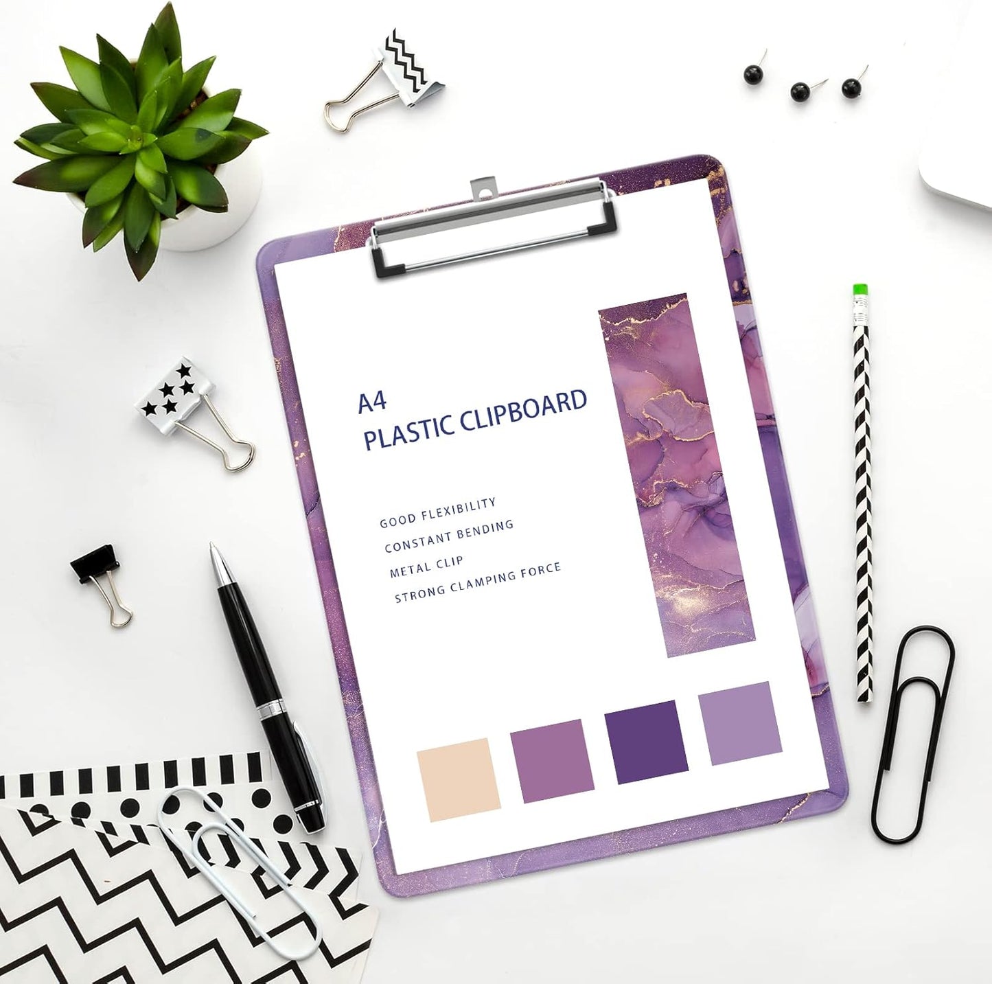 Plastic A4 Clipboards, Cute Clip Board Stardard Letter Size 9 x 12.5 in, Office Decorative for Students Women Men and Kids, Purple Marble