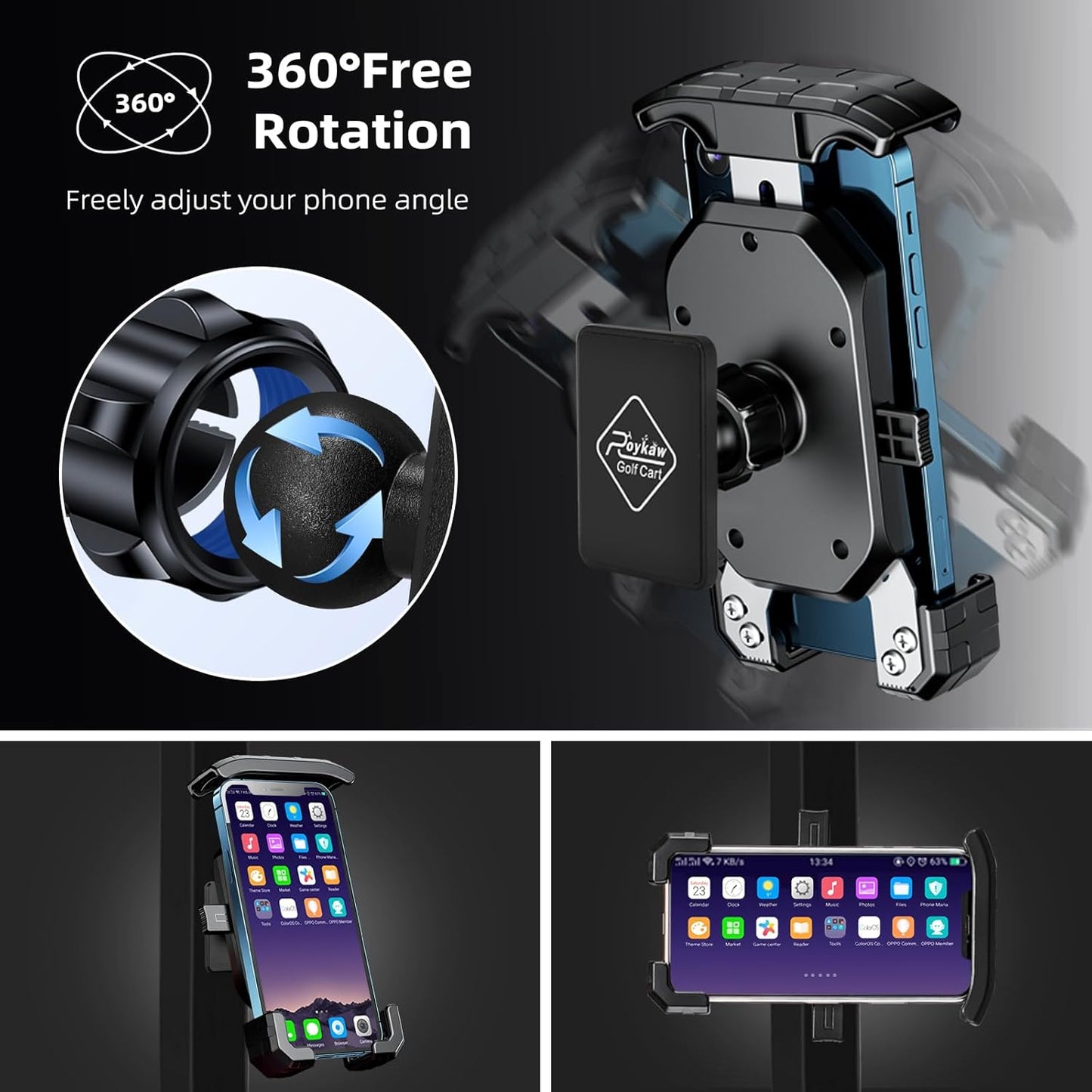 Roykaw Golf Cart Magnetic Phone Holder Mount Compatible with EZGO/Club Car/Yamaha, Compatible with iPhone/Galaxy/Google Pixel, Ultra Strength Magnet/360° Rotatable/One-Handed Pick & Place
