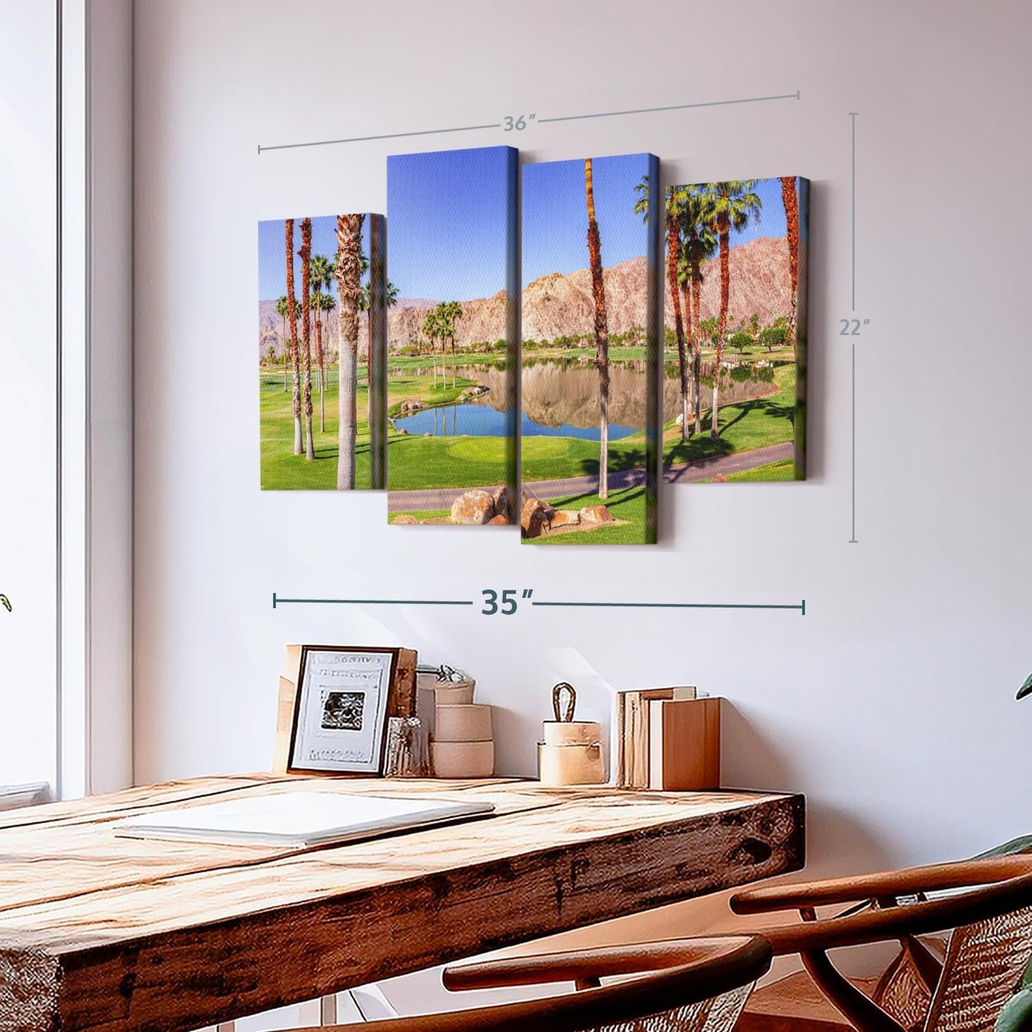 Elephant Stock La Quinta Golf Course Wall Art - Horizontal Canvas - 4-Piece Living Room Wall Decor - Photography Sports Canvas Print - Beige and Brown Decor for Wall - 36" X 22"