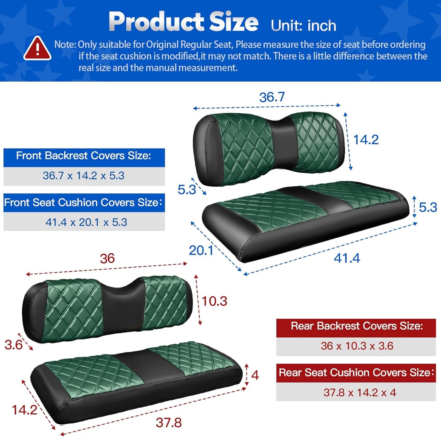NOKINS 4PCS Golf Cart Seat Covers Kit, Front and Rear Seat Covers Fits YAMAHA/G29/Drive2 Standard Seat Cushion, Yamaha Vinyl Diamond Replacement Seat Covers, No Stapler (Dark Green&Black)