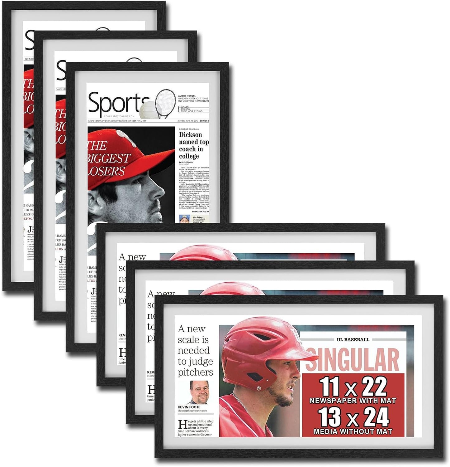 JupDec 11 × 22 Up to 13 × 24 Newspaper Frame, Premium Wood Display Case with Acrylic Panel, Wall Mount or Tabletop Stand, Perfect for Home & Office Decor, Ideal Gift for Collector, 6 Pack, White