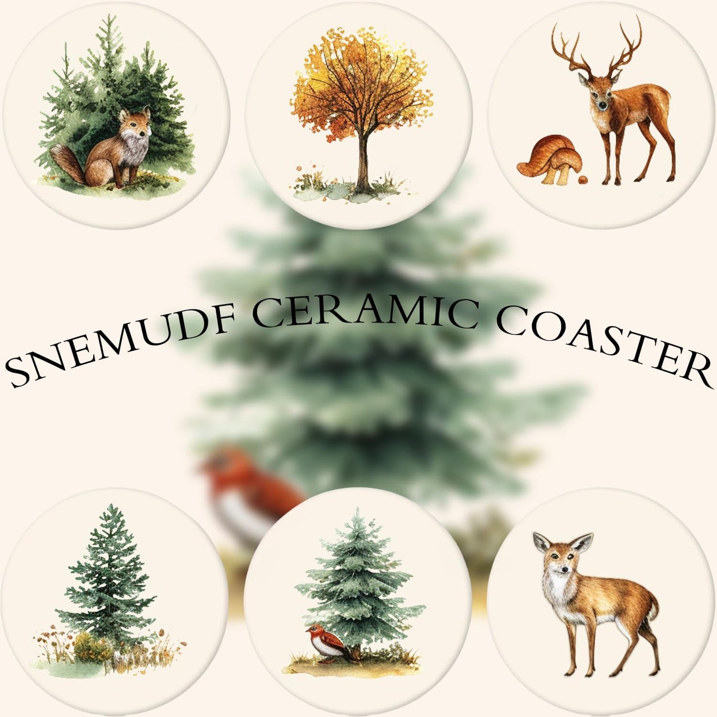 Boho Set of 6 Coasters for Drinks Absorbing Round Ceramic Stone Coaster with Cork Base,Tabletop Protection Mat for Mugs and Cups,Office,Kitchen (Forest)