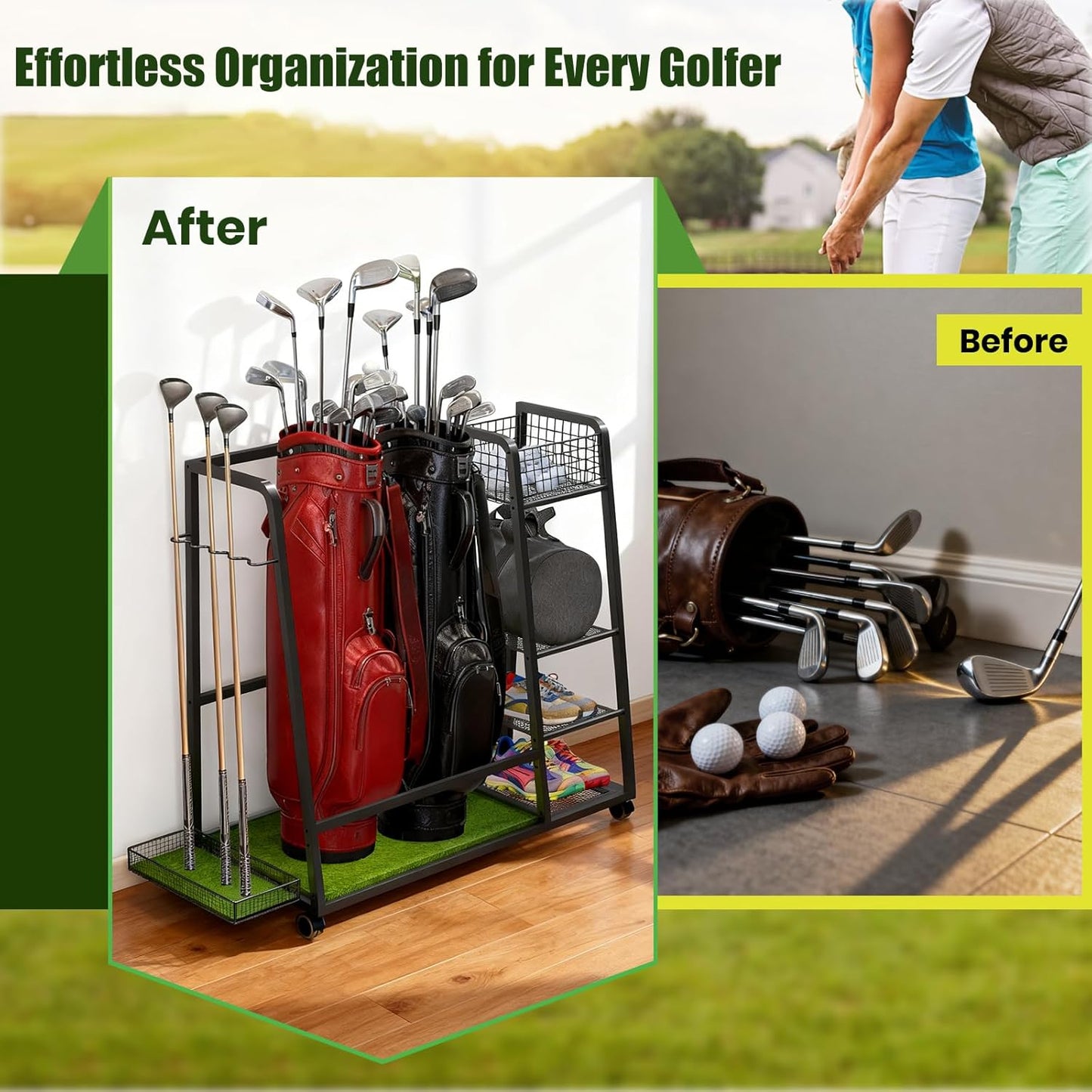 TooCust Golf Bag Storage Rack for Garage Fits 2 Bags, Heavy Duty Metal Golf Bag Organizer with Wheels, Freestanding Golf Club Rack for Equipment Accessories with Shelves & Protective Turf Mat
