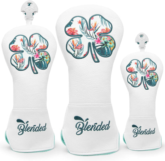 Golf Club Covers White Lucky Clover Golf Head Covers Driver Covers Fariway Wood Headcover Hybrid Covers Leather Golf Headcover with Number Tag for All Brand