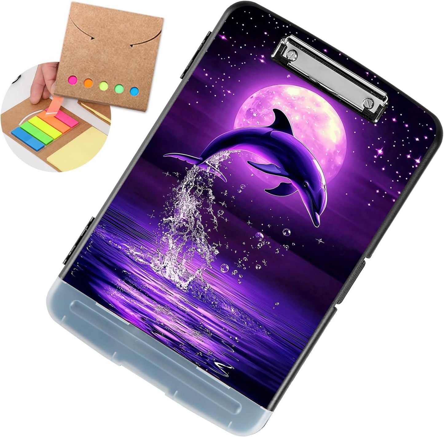 Clipboard with Storage - Large Capacity,Nursing Clipboard with Pen Holder,Heavy Duty,Plastic Side-Opening Folder for Teacher,Nurse - Purple Moon Dolphin Jumping