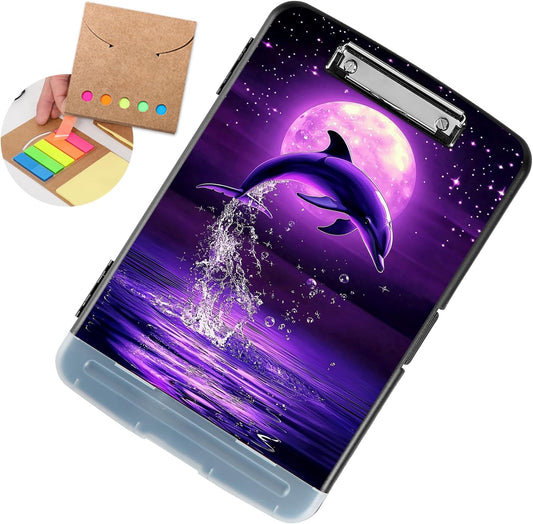 Clipboard with Storage - Large Capacity,Nursing Clipboard with Pen Holder,Heavy Duty,Plastic Side-Opening Folder for Teacher,Nurse - Purple Moon Dolphin Jumping