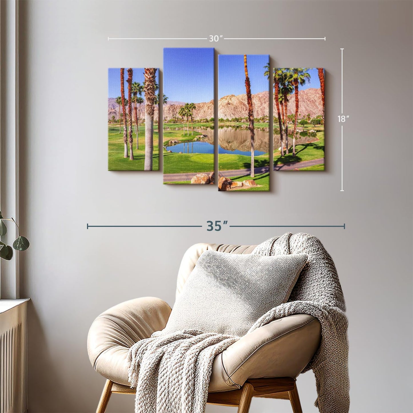 Elephant Stock La Quinta Golf Course Wall Art - Horizontal Canvas - 4-Piece Living Room Wall Decor - Photography Sports Canvas Print - Beige and Brown Decor for Wall - 30" X 18"
