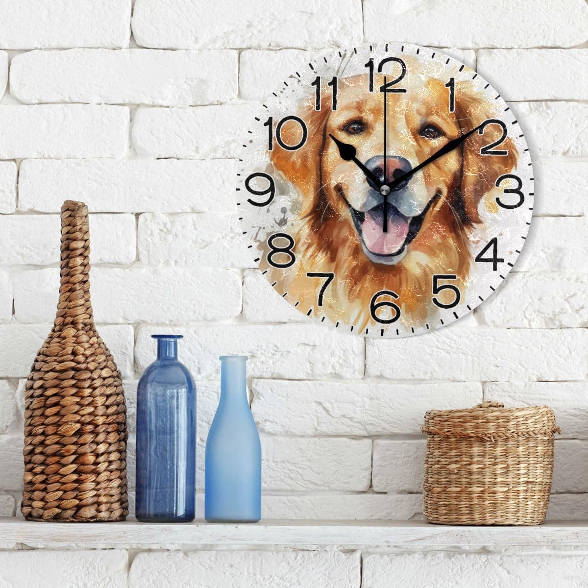 Golden Retriever Dog Wall Clock Battery Operated Non Ticking Silent Quartz Analog Rustic Farmhouse Round Clock Retro Decor for Home Kitchen Living Room Bathroom