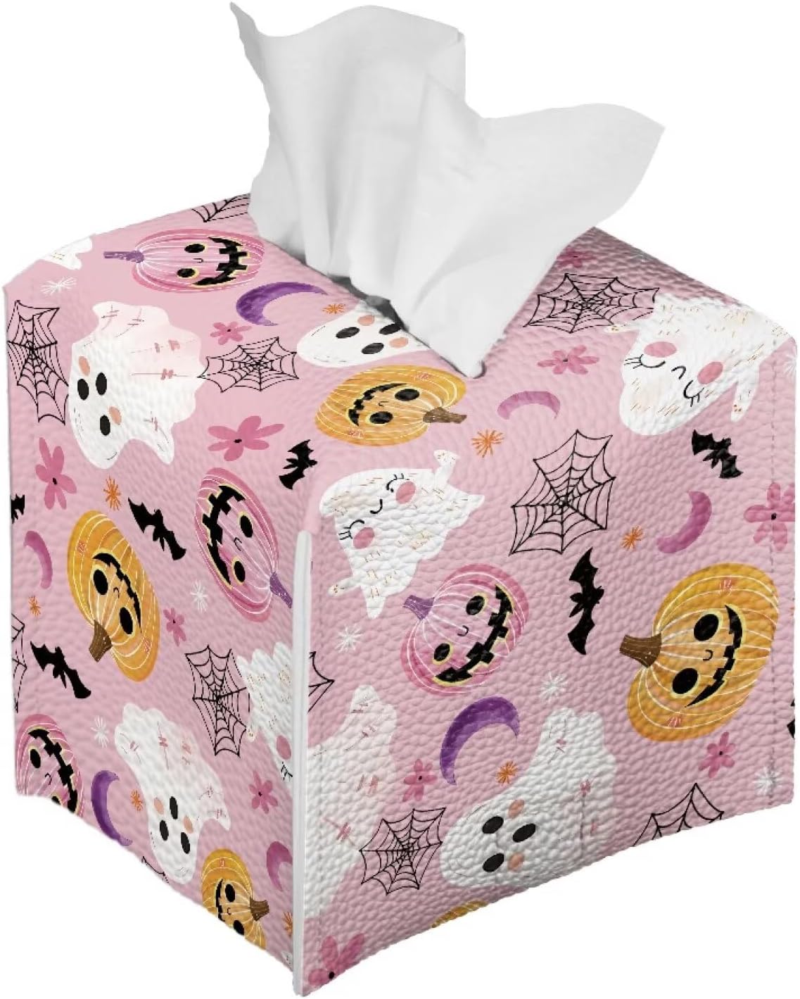 Cute Ghost Tissue Box Cover Square Tissue Box Holder Pink Facial Paper Organizer Home Decoration Accessories for Desk Bathroom Vanity Countertop, Pumpkin Spider Web Print