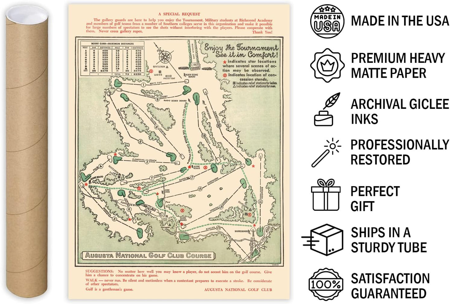 Historic Map - Augusta National Golf Club Course, 1954, Augusta National Golf Club - Vintage Wall Art 24in x 30in
