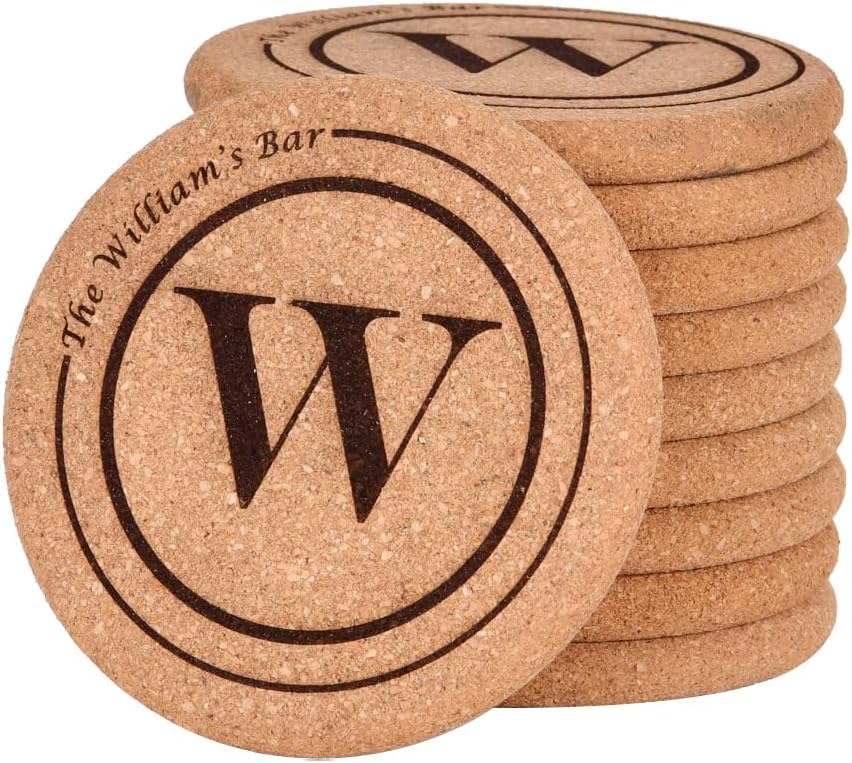 Personalized Cork Coasters for Drinks, Custom Engraved Absorbent Heat & Water Resistant Coasters for Cups and Mugs (W)