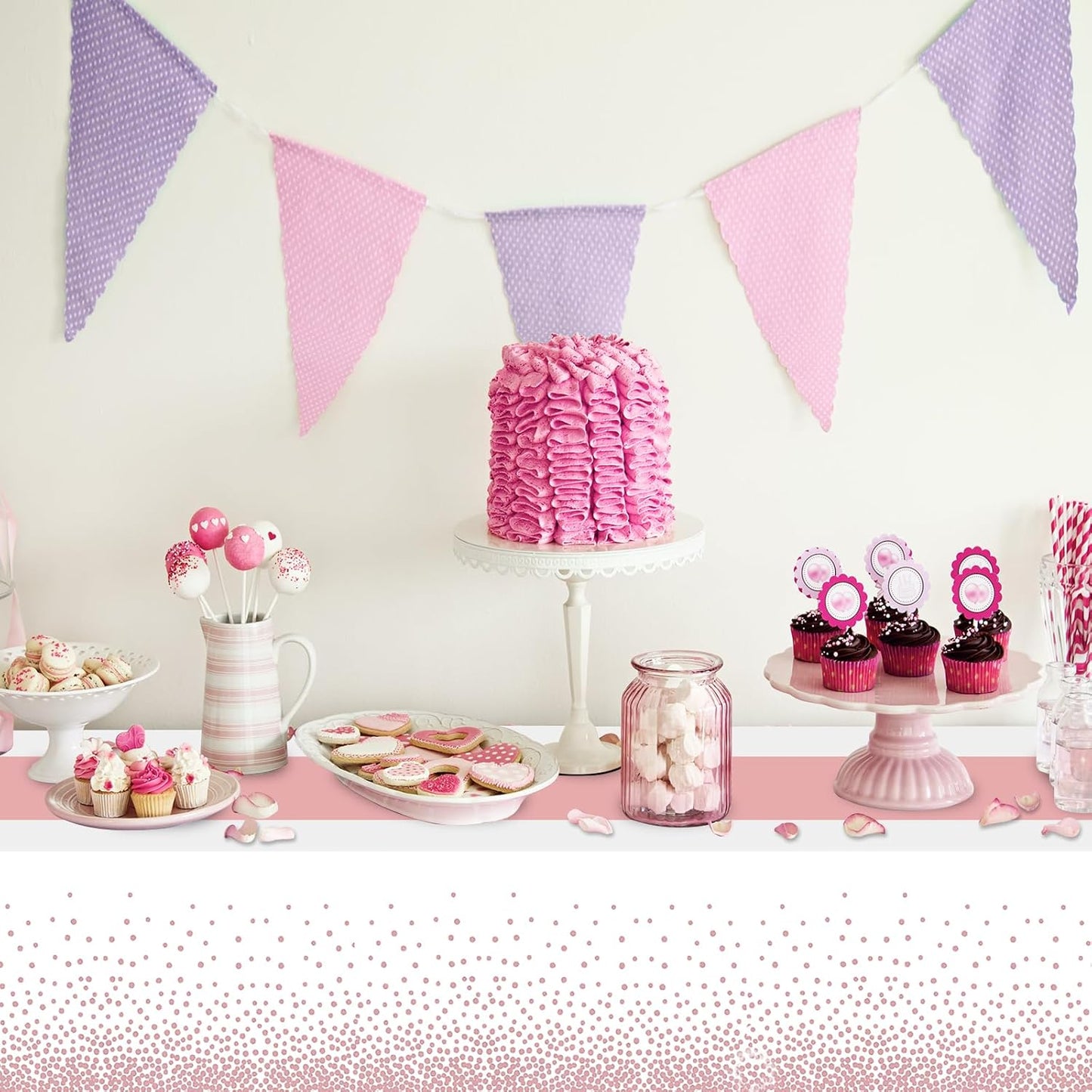 6 Pack Rectangle Plastic Dot Tablecloth Set, 54 X 108 Inch Plastic Table Cover, 12 x 108 Inch Satin Table Runners for Wedding Graduation Birthday New Year Party Decorations (White, Rose Gold)