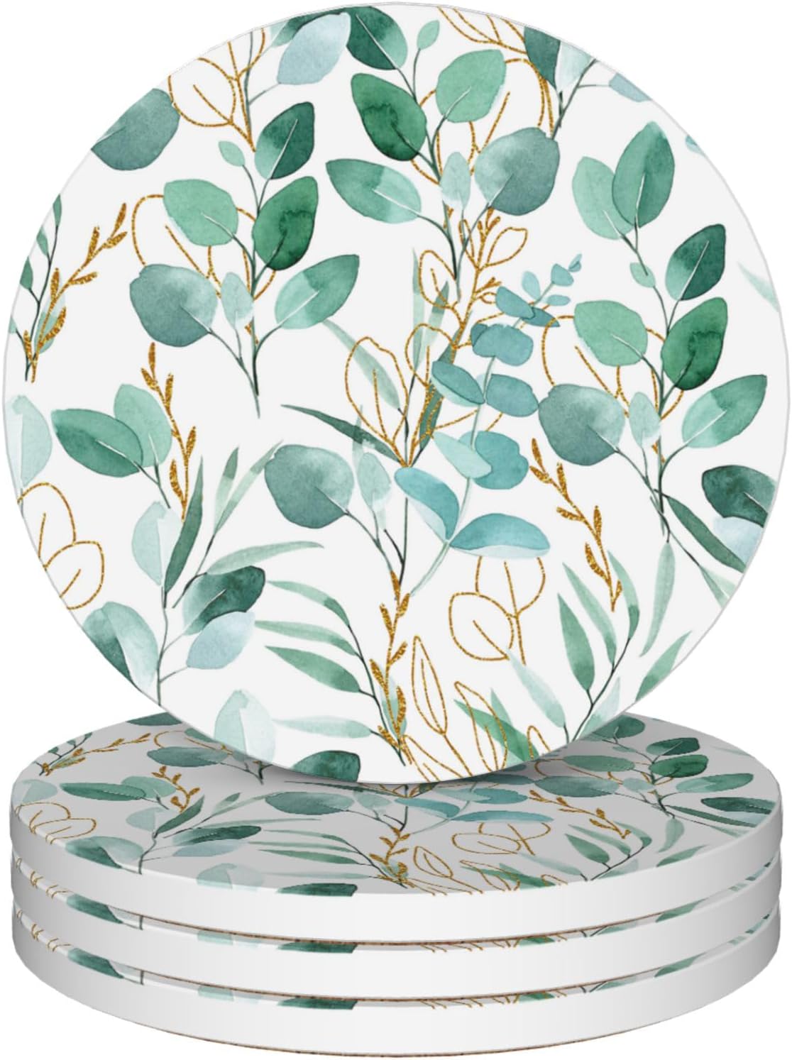 Drinks Coasters Set of 4, Sage Green Plants Round 4" Cup Coasters, Absorbent Ceramic Stone Coasters with Cork Base, Cute Coasters for Table Home Décor, Ideal Gifts for Women Men
