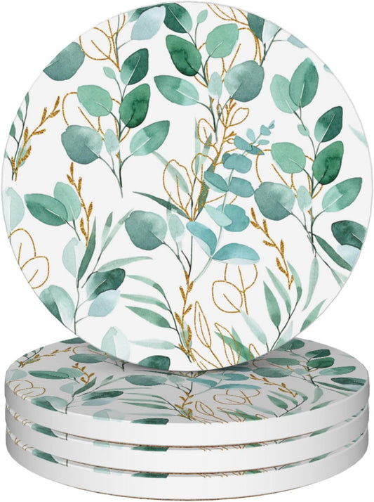 Drinks Coasters Set of 4, Sage Green Plants Round 4" Cup Coasters, Absorbent Ceramic Stone Coasters with Cork Base, Cute Coasters for Table Home Décor, Ideal Gifts for Women Men