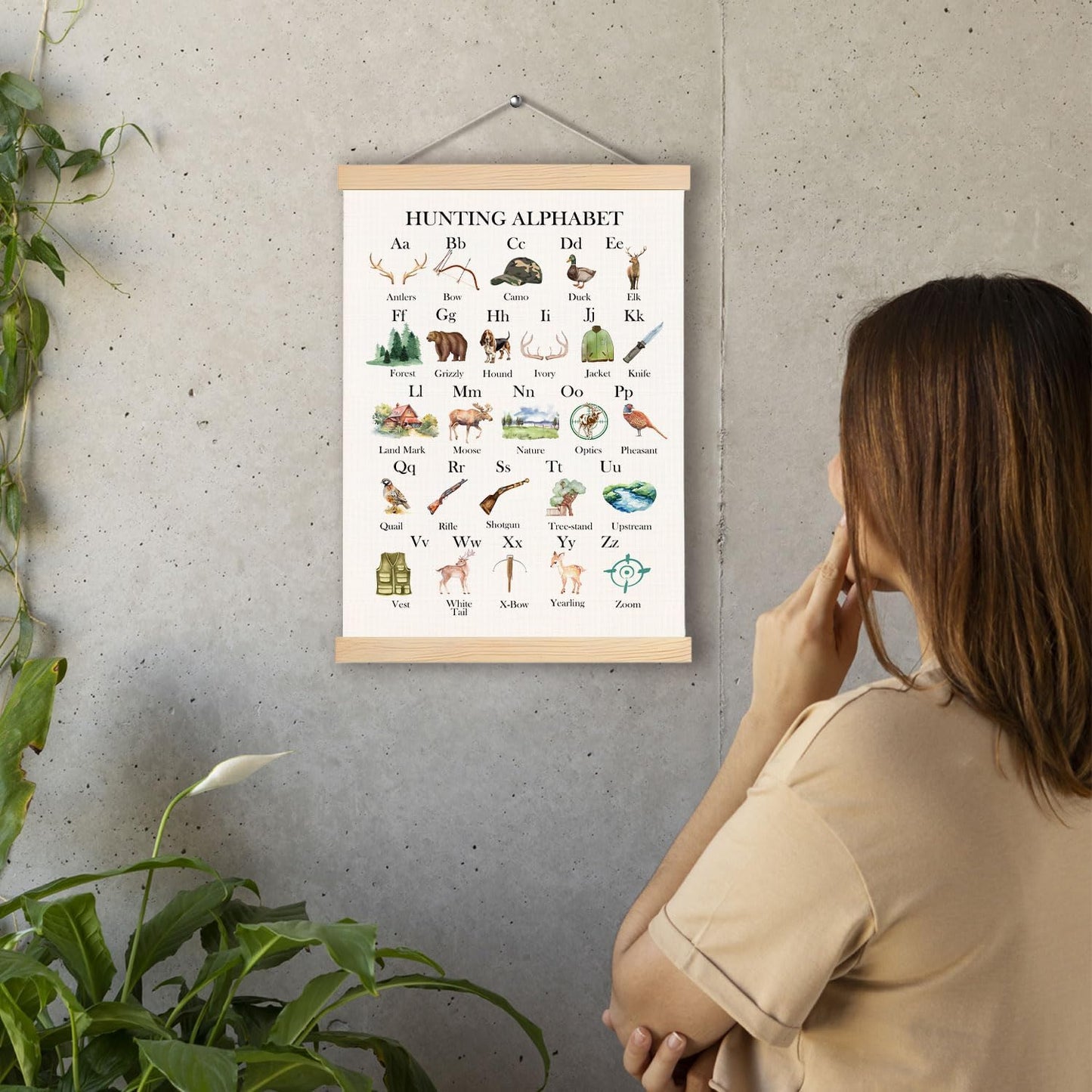 pouep Hunting Alphabet Nursery Wall Art Poster, Hunting Nursery Decor, Forest Animal ABC Alphabet Educational Canvas Prints Wall Decor for Kids Baby Toddler Boys Room Dorm, 12x16 Inches