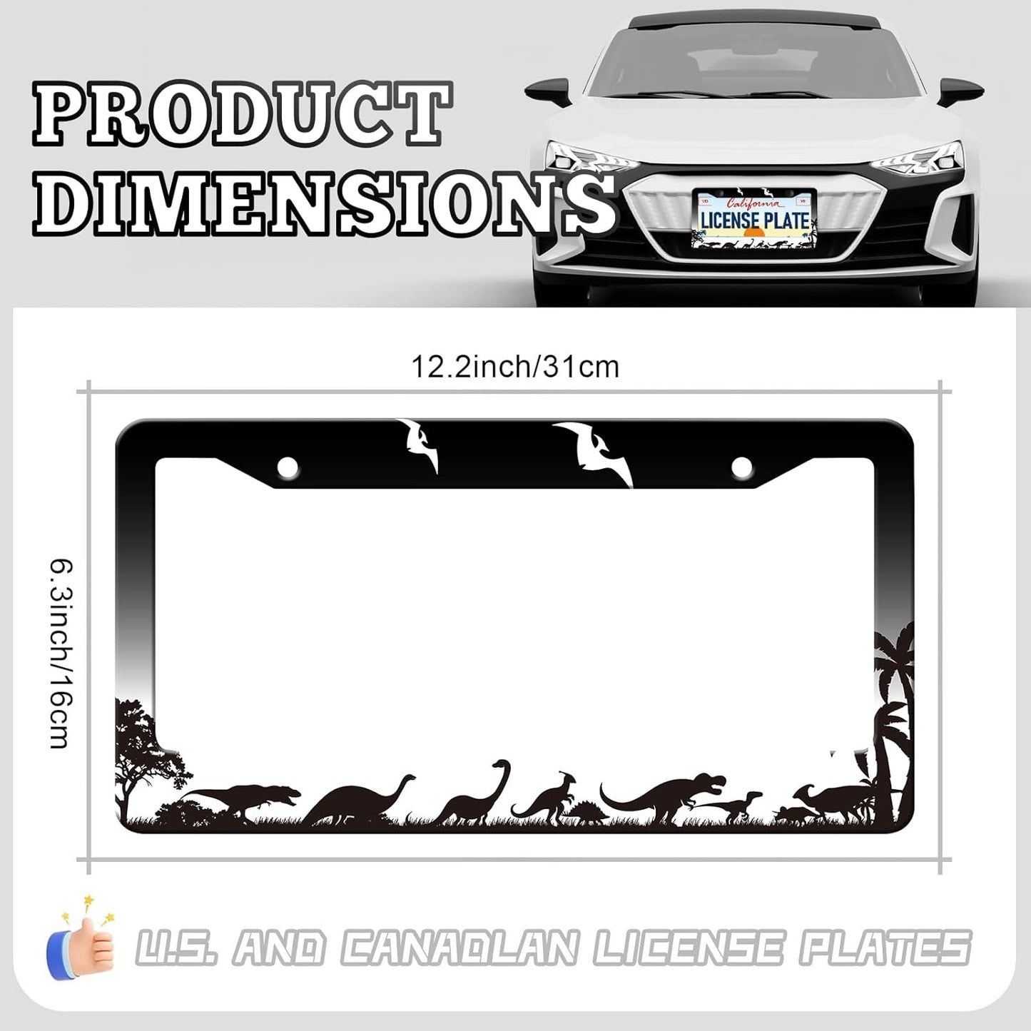 Dinosaurs Silhouette License Plate Frames - 2 Pack Personalise License Plates Holder Covers, Aluminum Metal Rust-Proof Waterproof Car Tag Frame with Screws Fasteners Caps
