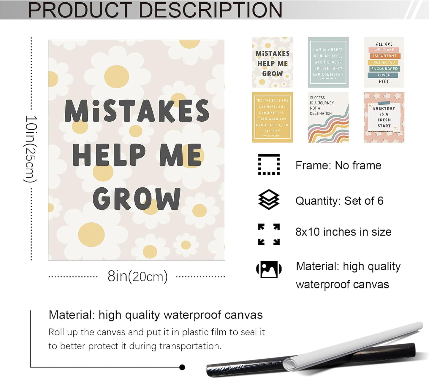 Set of 6 Boho Inspirational Classroom Posters, Positive Affirmations Growth Mindset Canvas Wall Art, Modern Classroom School Posters Wall Decor, Bulletin Board Educational Decor 8x10in Unframed