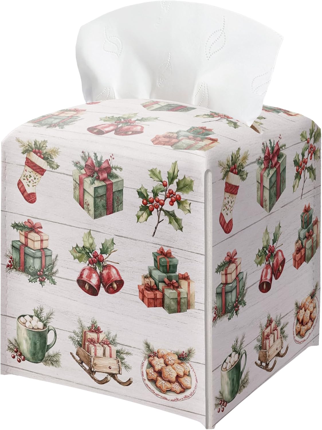 Merry Christmas Tissue Box Holder, Bow Leather Tissue Box Cover Square, Paper Facial Decorative Tissues Cover for Night Stands Bathroom Kitchen Office Home Decor-B32