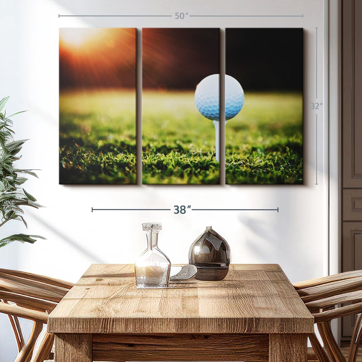 ElephantStock Golf Ball Tee Wall Art - Horizontal Canvas - 3-Piece Living Room Wall Decor - Photography Photographic Canvas Print - Black and White Decor for Wall - 50" X 32"