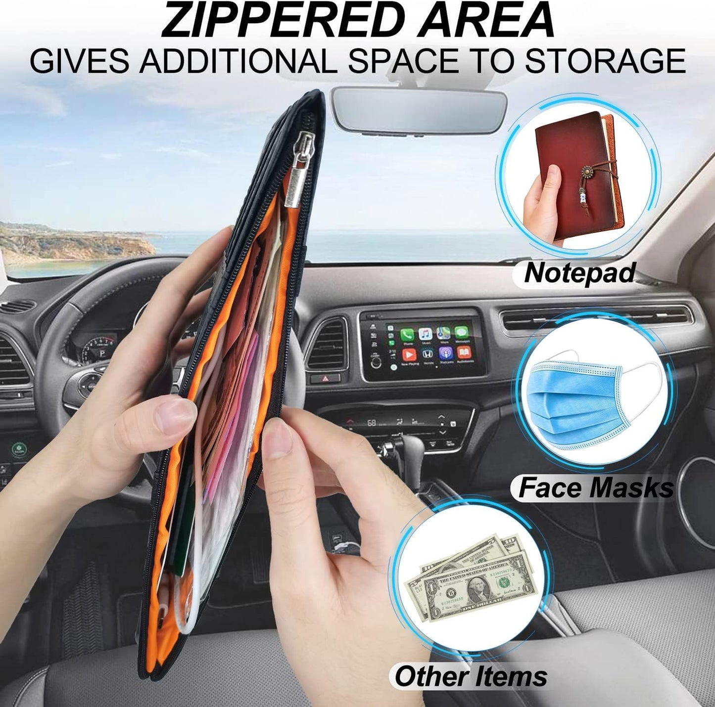 Keedolla 2Pcs Car Sun Visor Organizer with Zipper Pocket, Car Truck Visor Storage Pouch Holder Travel Auto Document Holder for Mobile Phone, Sunglasses, Card - Gray