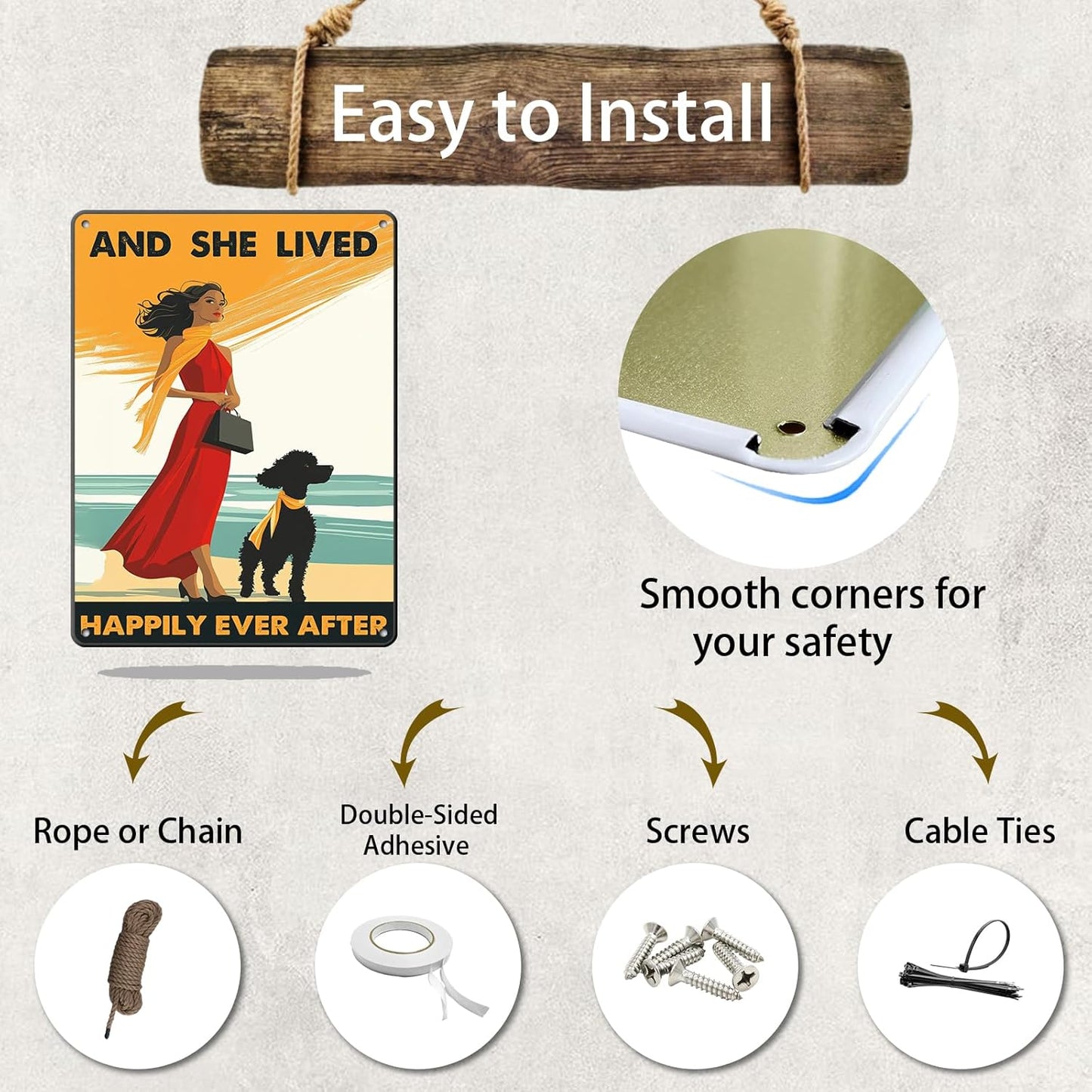 Vintage Tin Sign Metal Poster Plaque Poodle Girl and She Lived Happily Ever After Dog Metal Sign Iron Painting Retro Wall Decor Poster for Home Hotel Cafes 12x16 Inch