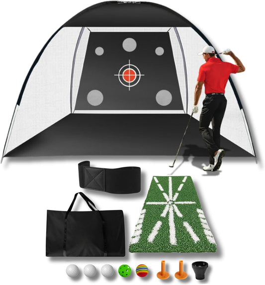 Golf Net 10x7ft – All-in-One Indoor/Outdoor Practice net with Multiple Targets, Heavy-Duty Base, tee, Balls & Bag for Driving, Chipping & Swing Training for Golf Lovers & dads.