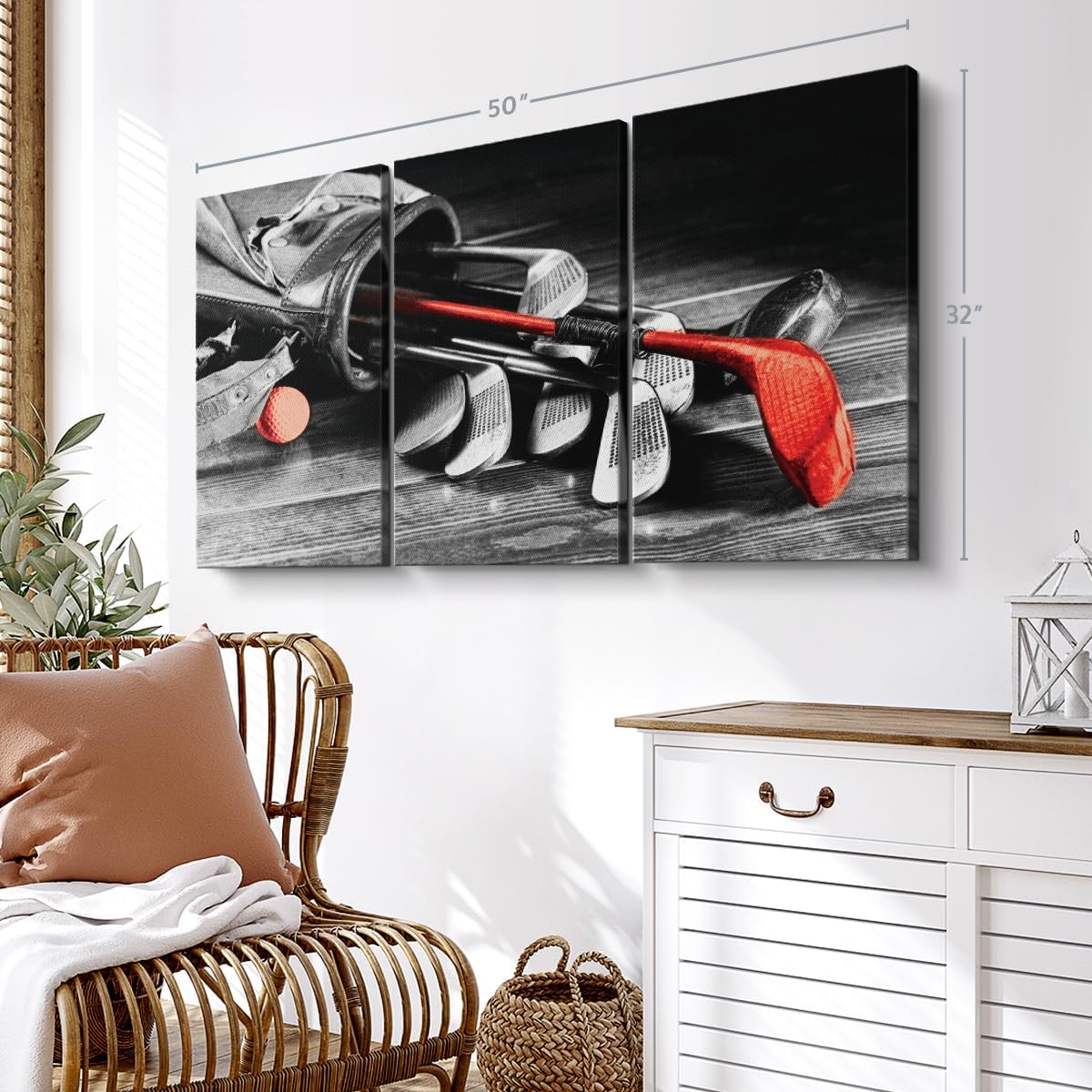 ElephantStock Golf Equipment Pop Wall Art - Horizontal Canvas - 3-Piece Living Room Wall Decor - Photography Sports Canvas Print - Black and Gray Decor for Wall - 50" X 32"