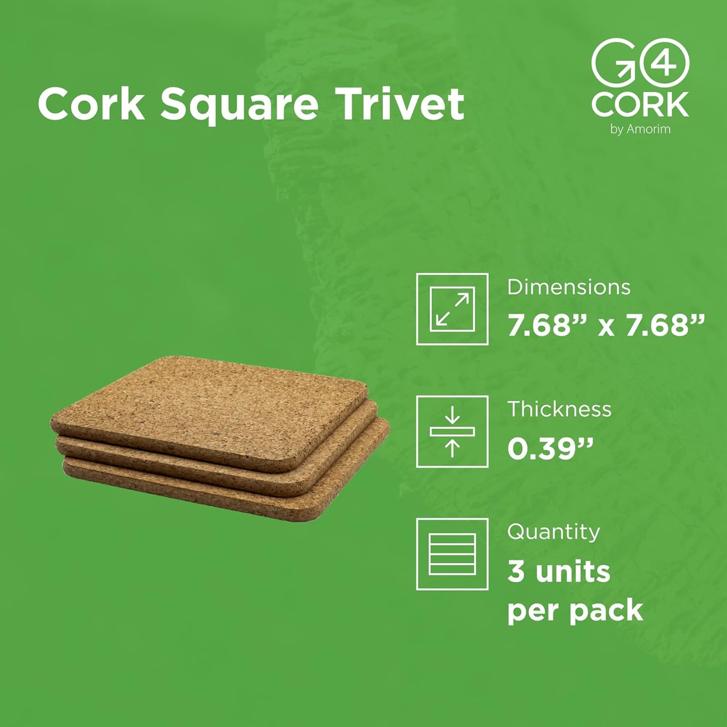Go4Cork Cork Square Trivet - 195x195x10mm (7,68" x7,68 x0,39), Pack of 3 | Heat Resistent, Reusable, Easy to Clean