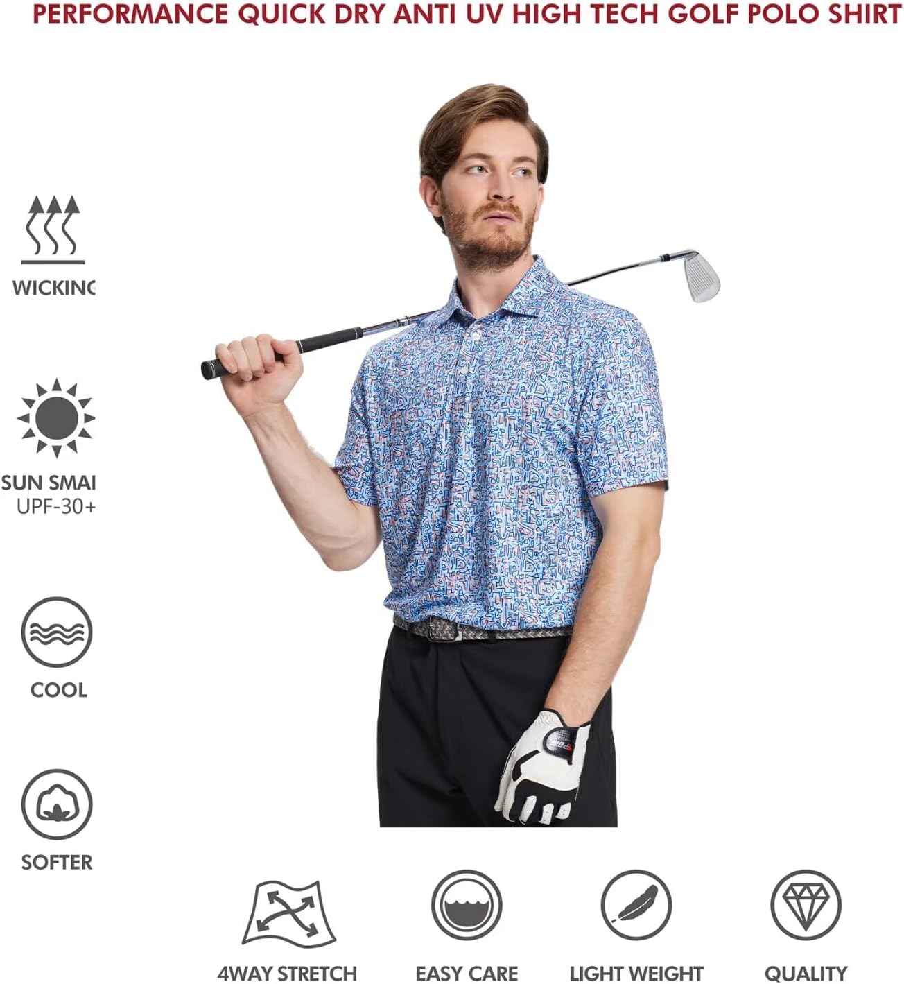 Golf Shirts for Men Dry Fit Short Sleeve Print Performance Moisture Wicking Polo Shirt