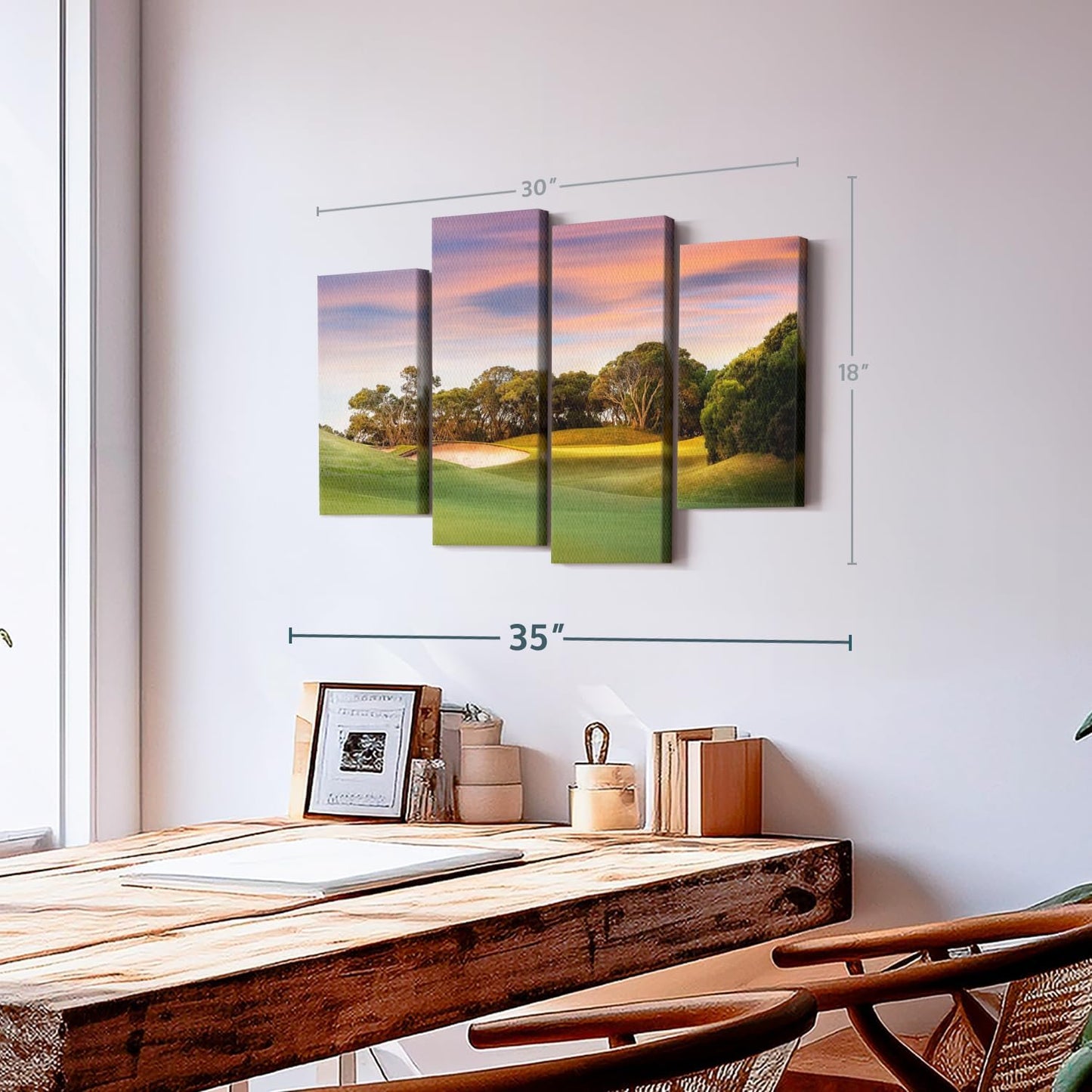 ElephantStock Golf Course Sundown Wall Art - Horizontal Canvas - 4-Piece Living Room Wall Decor - Photography Sports Canvas Print - Orange and Blue Decor for Wall - 30" X 18"