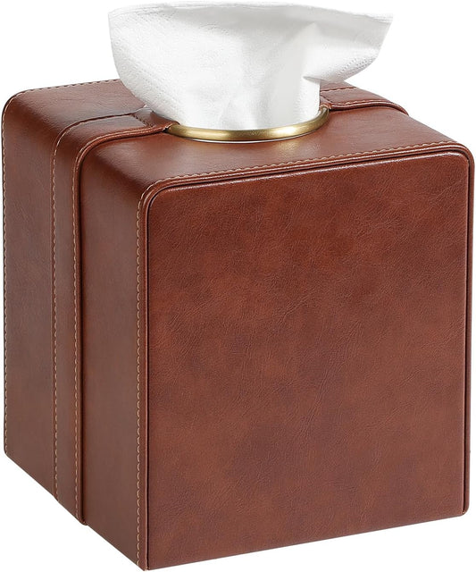 Luxury Square Tissue Box Cover, PU Leather Tissue Box Holder with Magnetic Closure and Gold Decorative Grommets for Bathroom Bedroom, Decorative Elegant Cube Tissue Holder (Brown)