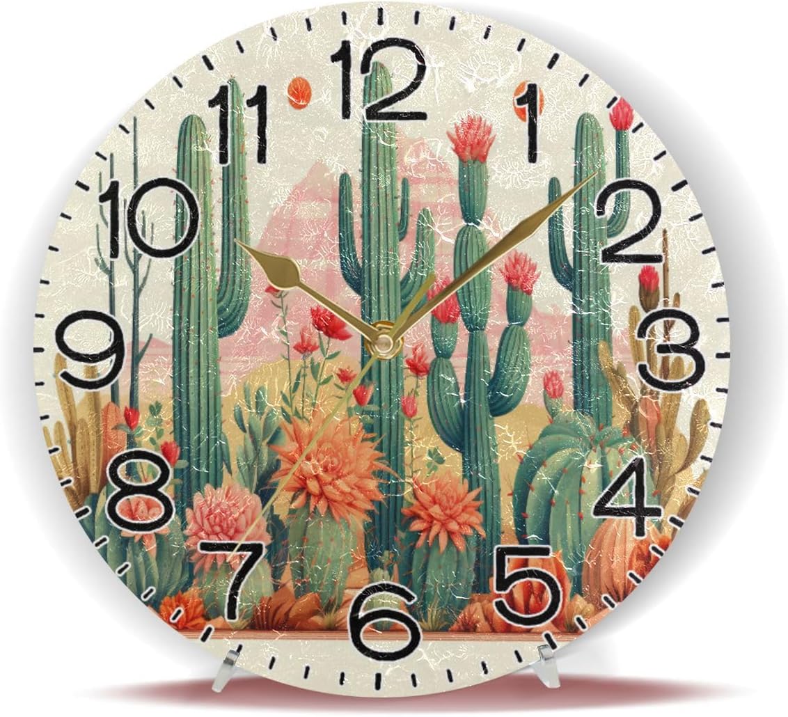 ALAZA Cactus in Desert3 Wall Clock Battery Operated Non Ticking Silent Quartz Analog Rustic Farmhouse Round Clock Retro Decor for Home Kitchen Living Room Bathroom