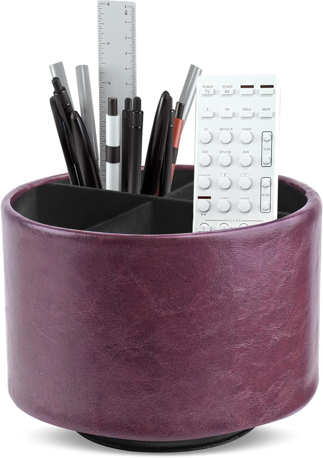 Hennaja Round Leather Art Supply Organizer,Remote Control Holder,360 Degree Spinning,Multi-Functional Pencil Holder,4 Compartments Desktop Stationary Organizer(1-Oil Brown)